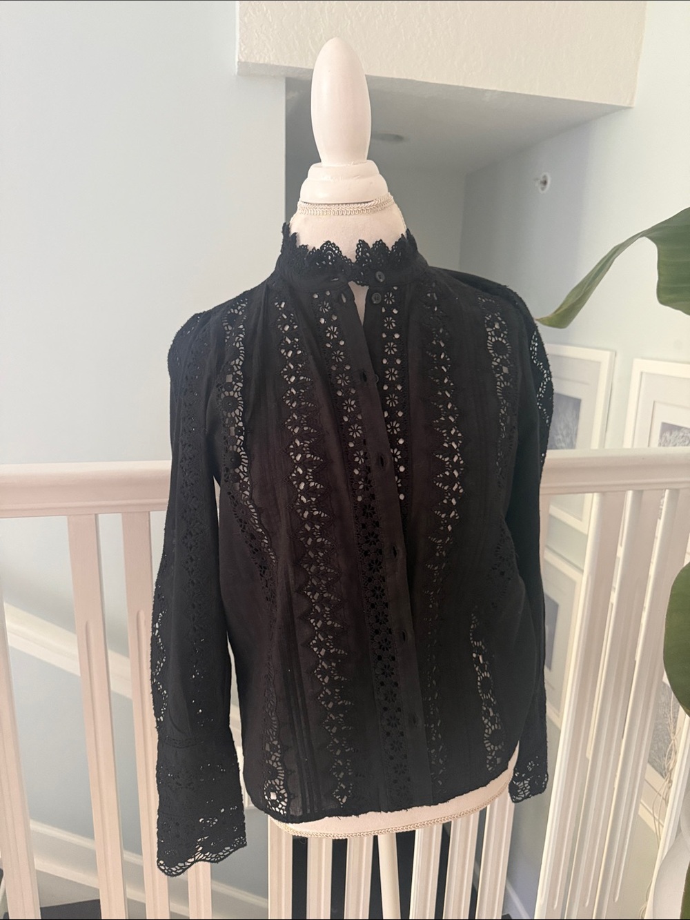 Sezane Black Lace High-Neck Women's Blouse —